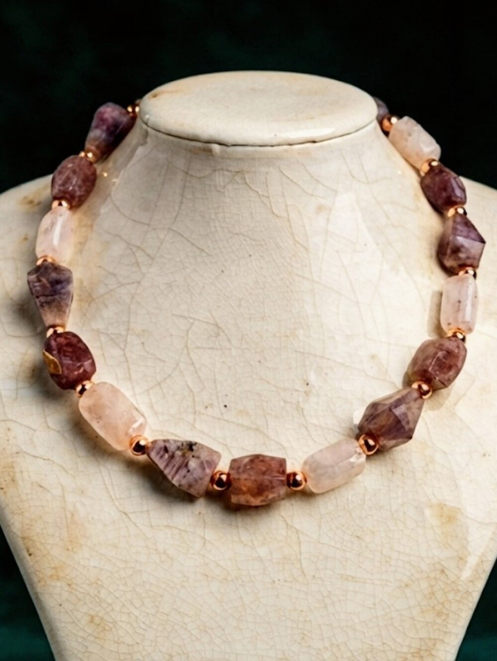 Large & Chunky Rose & Strawberry Quartz Nugget In Pink Necklace In Rose Gold